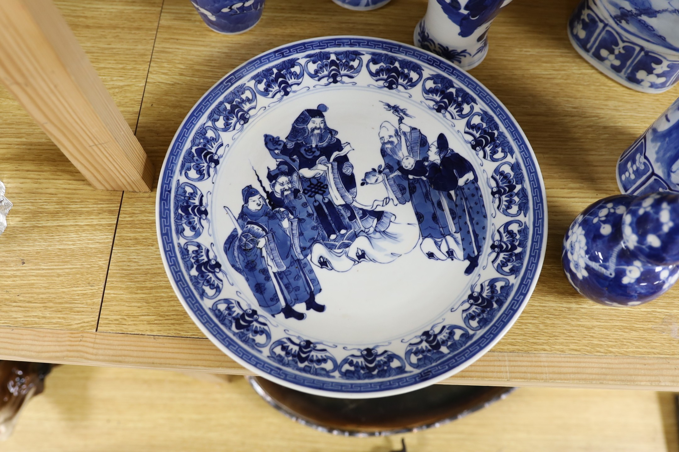 A collection of mixed 19th century Chinese blue and white porcelain to include a dish decorated with characters, other blue and white wares (some with damage). 29.5cm tall